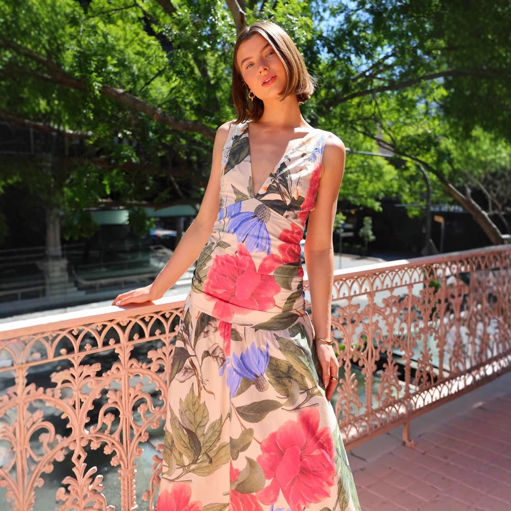 Spring Summer Maxi Dress Internet Celebrity Same Printed Waist Controlled V neck Swing Dress Bella Mia